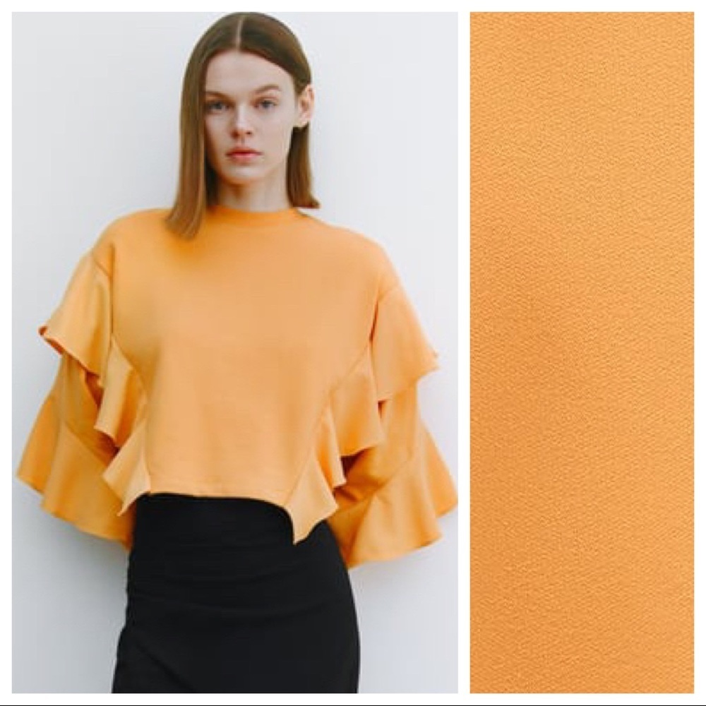 NWT. Zara Tangerine Cropped Sweatshirt with Frills. Size S.